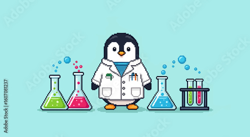 Cartoon penguin scientist wearing a lab coat stands behind laboratory glassware filled with colorful liquids and bubbles on a light blue background.