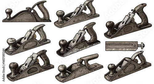 Collection of vintage woodworking planes and saw in retro style