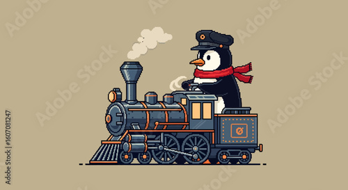 A pixelated illustration of a penguin wearing a conductor's hat and red scarf, driving a vintage steam train with smoke billowing from the smokestack.