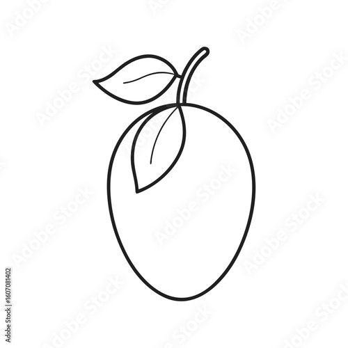Black and White Mango with Leaves, Line Art on White Background 