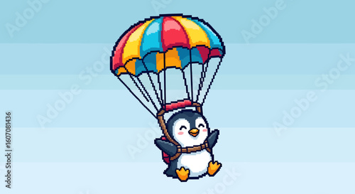A cheerful cartoon penguin soars through the sky, suspended from a colorful parachute, smiling widely.