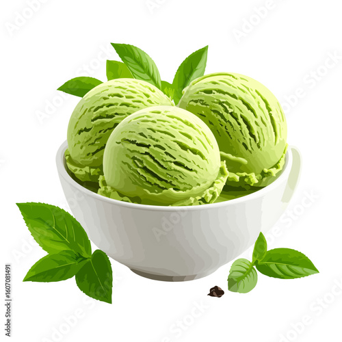 Three scoops of vibrant green mint ice cream in a white ceramic bowl, garnished with fresh mint leaves and chocolate chips.