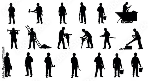Silhouette construction workers in various poses and activities