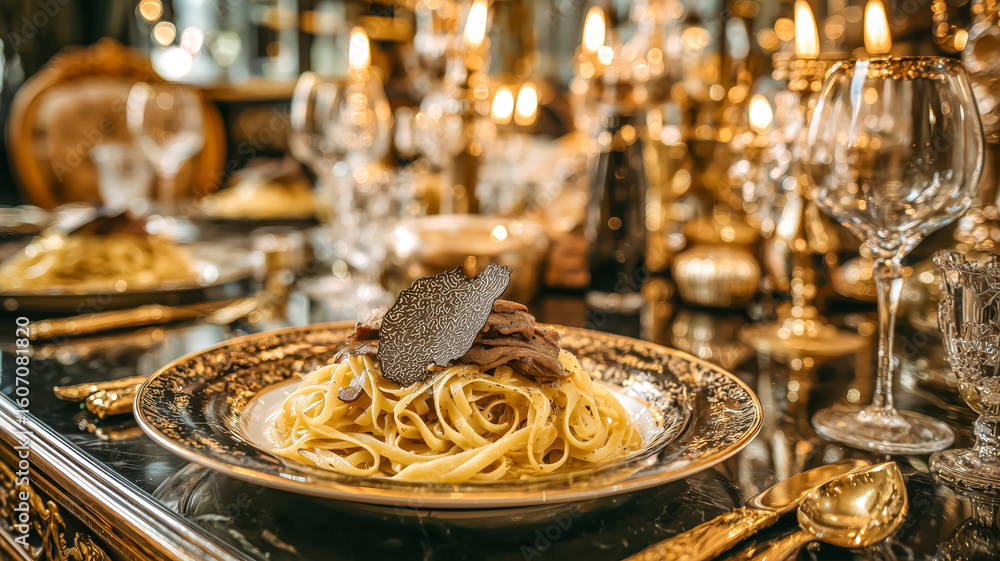 Fototapeta premium Elegant dining featuring truffle pasta, luxurious gold accents, and a warm, inviting atmosphere for a special occasion.