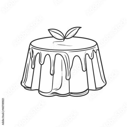 Hand-drawn fluted pudding with dripping sauce and mint garnish, isolated line art.