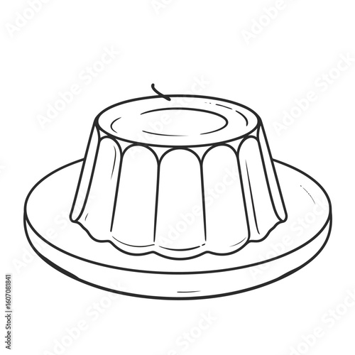 A simple black and white line art drawing of a classic fluted jelly pudding, a molded gelatin dessert with a small curl on top, served on a plate.