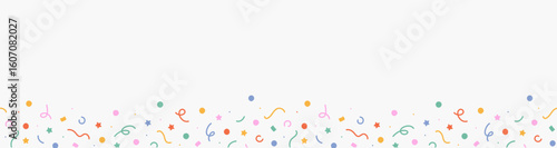 Сute abstract seamless border, background of colorful falling top down confetti of multicolored lines, stars, squiggles on light background; hand drawn vector illustration; flat style, copy space