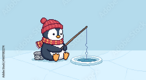 A cartoon penguin wearing a red hat and scarf is fishing through a hole in the ice with a fishing rod.