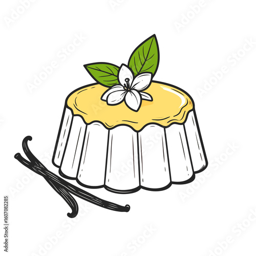 Hand-drawn vanilla pudding illustration with a flower garnish and vanilla pods.