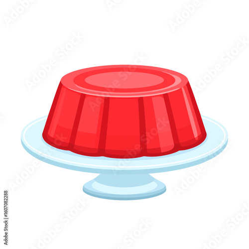 Vibrant red gelatin dessert, a glossy fluted jelly mold on a light blue pedestal cake stand.