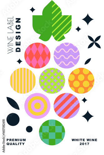 Wine label vector design with colorful grapes geometric pattern. Concept for winery branding, bar menu, poster packaging