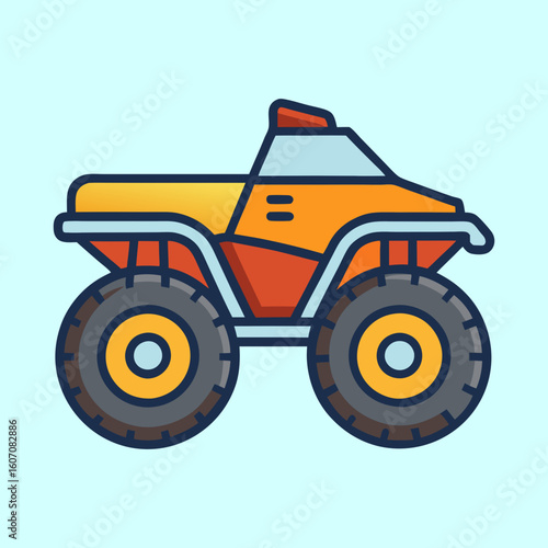 Stylized ATV illustration with chunky tires against a light blue background