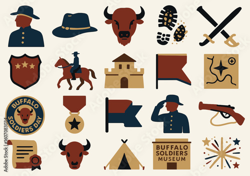 Buffalo Soldiers Icon Set with Military Symbols and Historical Emblems