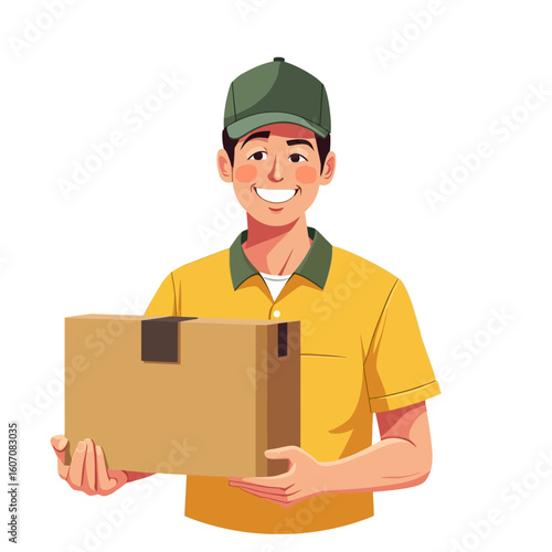 Cartoon delivery man in uniform and cap carrying a cardboard box, illustrating a courier service worker delivering a package