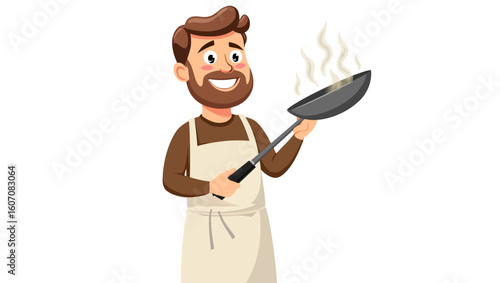 Cartoon vector illustration of smiling men at work, a chef holding food, a waiter, a man with a shovel, and a person with a hammer, all ready for their job in a restaurant business