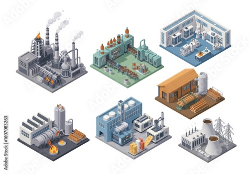 Wallpaper Mural Series of six isometric plant illustrations with blast furnaces, bottling lines, drug manufacturing, wood cutting, plastic forming and power generation units Torontodigital.ca
