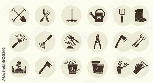Garden tools collection: flat icons of rakes, shears, shovels, and more for gardening enthusiasts