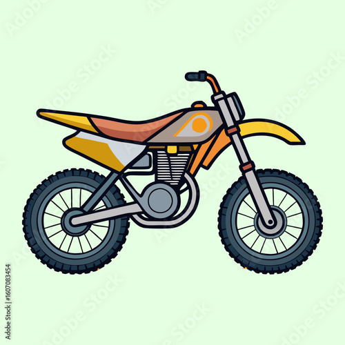 Illustration of a colorful cartoon dirt bike on a light green background