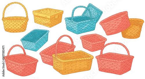 Colorful wicker baskets collection in flat design