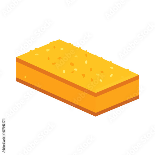 A rectangular yellow bar of sponge cake or cornbread topped with sesame seeds, shown in an isometric style.