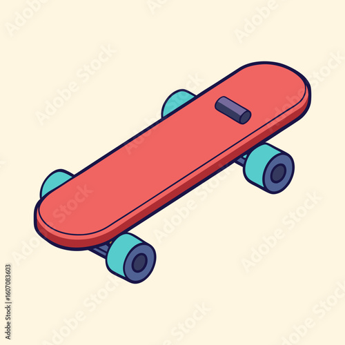 Isometric cartoon drawing of a skateboard with red deck and teal wheels