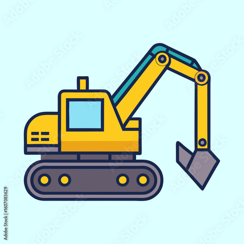 Cartoon illustration of a yellow construction excavator with a blue background