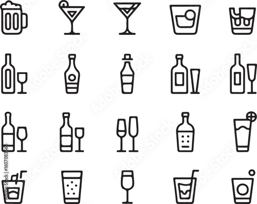 Assorted beverage icons line art collection drinks