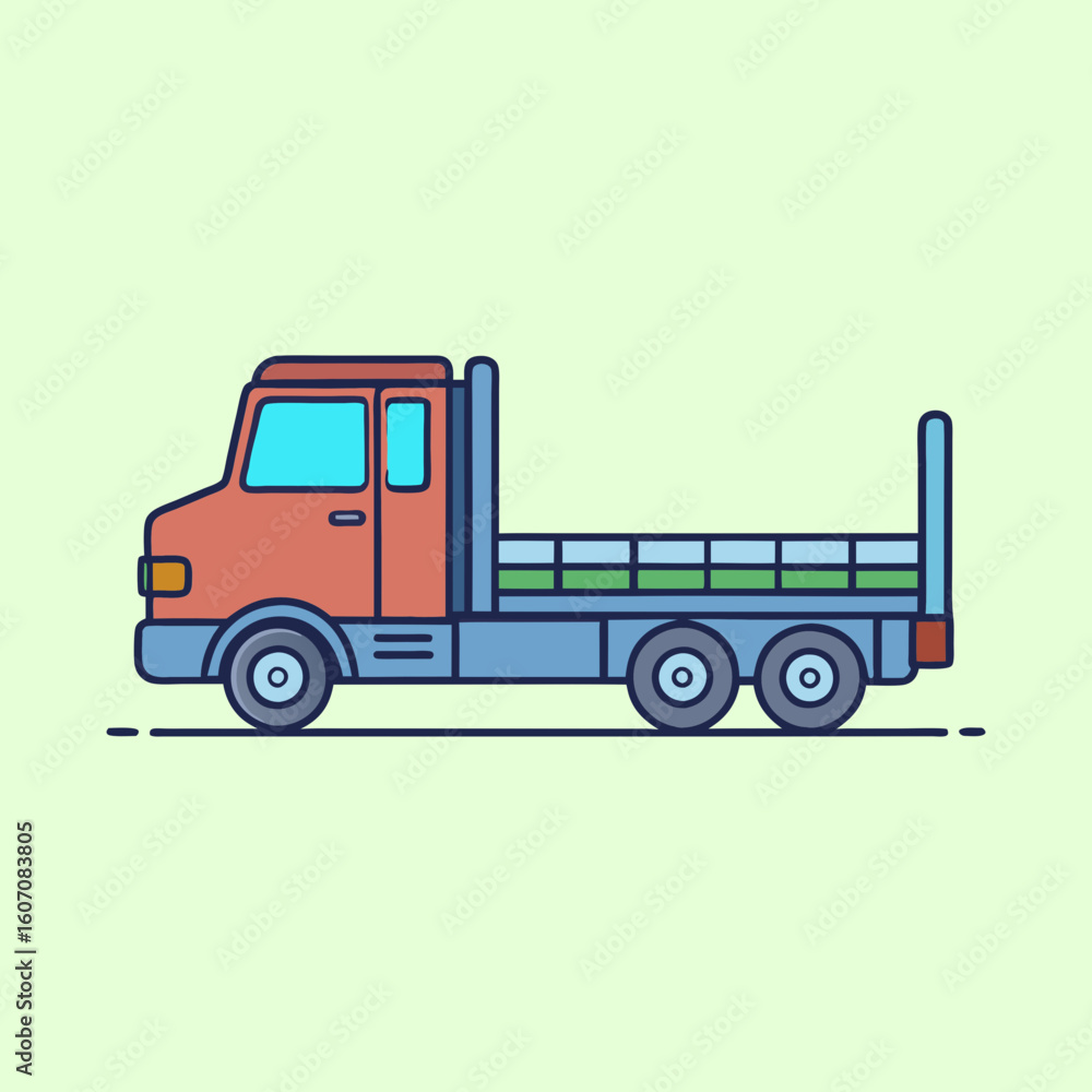 Fototapeta premium Cute Cartoon Flatbed Truck Illustration with Outline Against Light Green Background