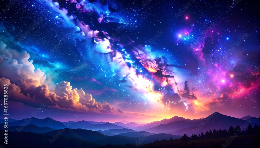 Fototapeta premium Cosmic sunset over mountains