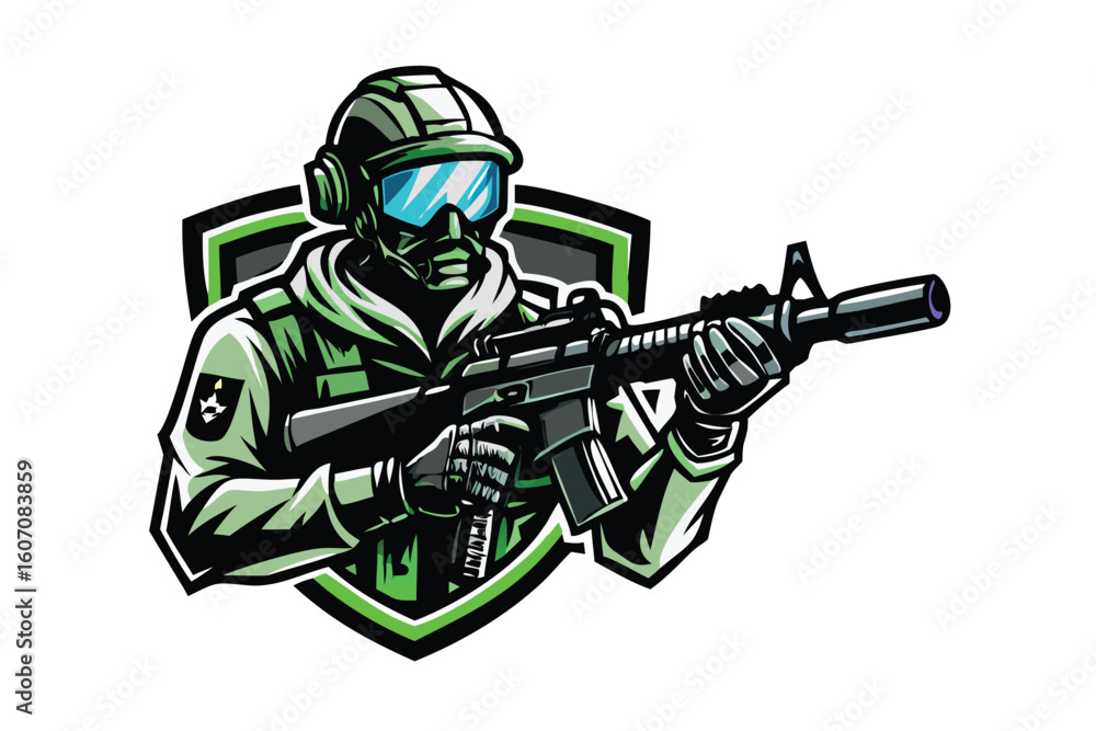 Naklejka premium Tactical Soldier Esports Mascot Logo for T-shirt & FPS Gaming Merchandise