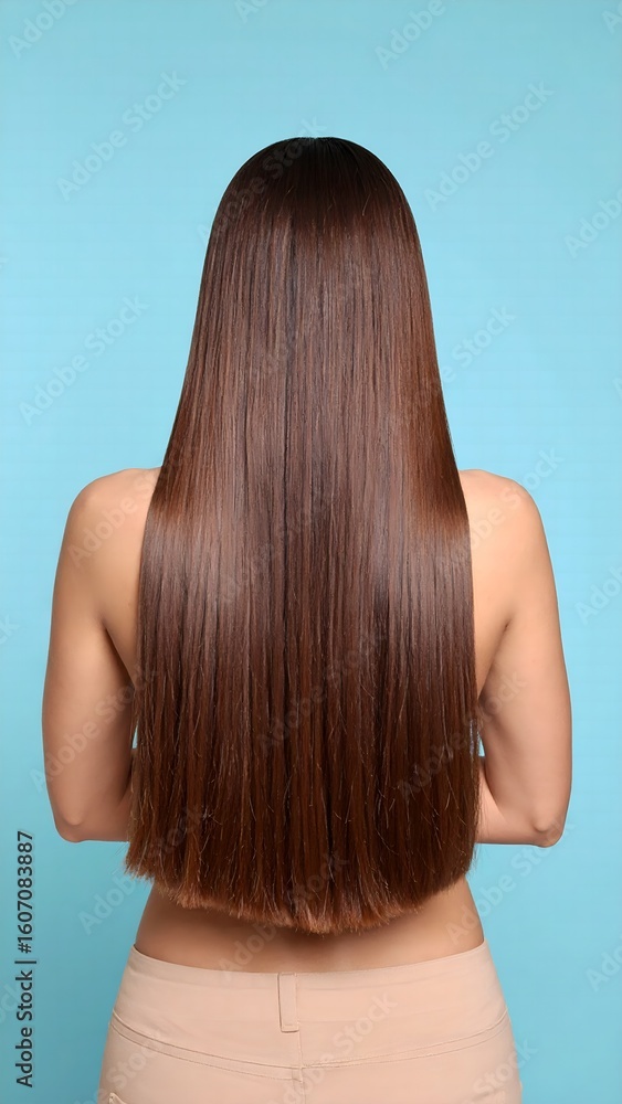 Fototapeta premium Long with healthy hair on woman, and blue background.