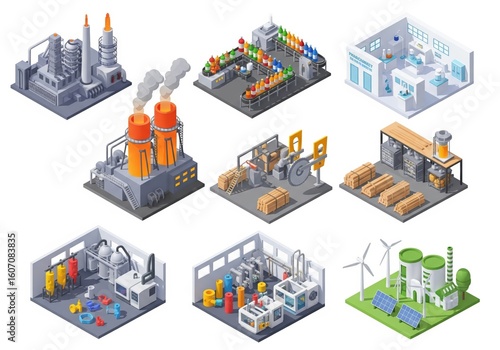 Wallpaper Mural Series of six isometric plant illustrations with blast furnaces, bottling lines, drug manufacturing, wood cutting, plastic forming and power generation units Torontodigital.ca