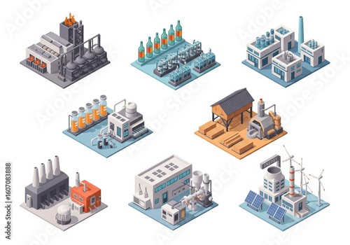 Wallpaper Mural Six themed isometric factories in matching style showing steelworks, beverage production, pharma plant, lumber mill, plastic factory and energy station Torontodigital.ca