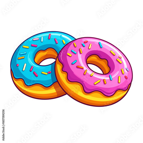 Two vibrant cartoon donuts with glossy pink and blue icing and colorful sprinkles.