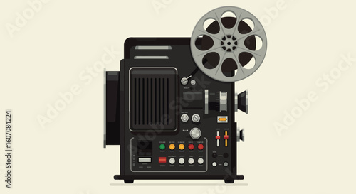 Vintage film projector with reel and control panel in flat design
