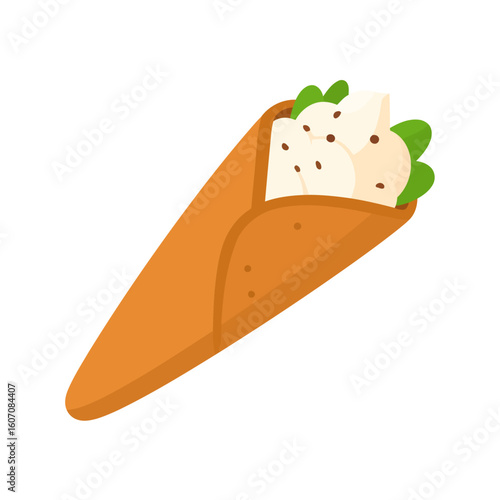 Flat design illustration of a tortilla wrap with chicken, lettuce, and spices.