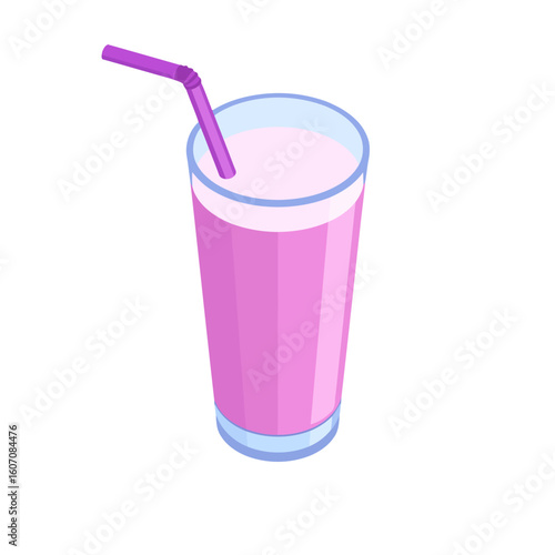 Isometric illustration of a pink strawberry milkshake in a tall glass with a purple bendy straw.