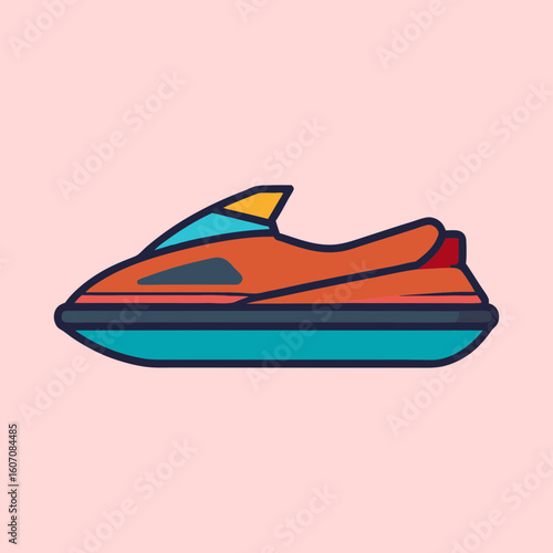 Stylized orange and blue jet ski illustration on light pink background