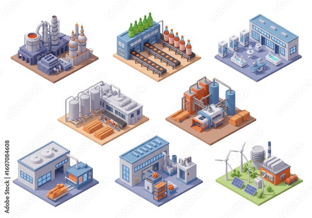 Obraz premium Series of six isometric plant illustrations with blast furnaces, bottling lines, drug manufacturing, wood cutting, plastic forming and power generation 