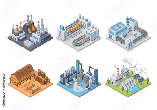 Wallpaper Mural Six themed isometric factories in matching style showing steelworks, beverage production, pharma plant, lumber mill, plastic factory and energy station Torontodigital.ca