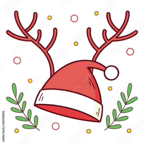 Santa Hat with Reindeer Antlers Attached Cute Holiday Party Style Color Vector on White Background
