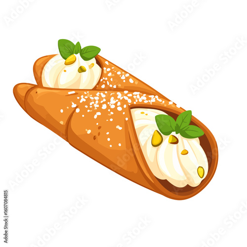 Two classic Italian cannoli with creamy ricotta filling, garnished with powdered sugar, pistachios, and fresh mint.