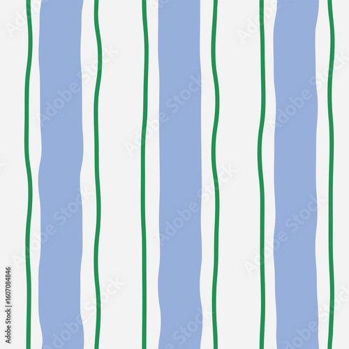 Abstract seamless pattern of vertical blue thick and green thin wavy stripes in a row on a light background, simple hand drawn vector illustration, drawing, flat style