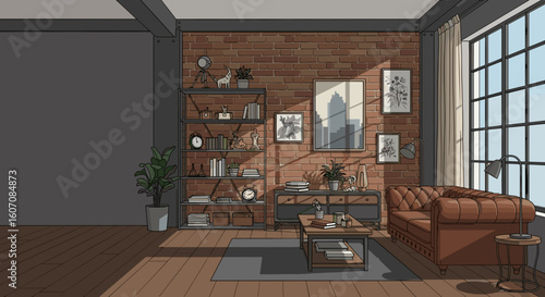 Expressive interior design illustration of a stylish living room featuring a brown leather sofa, wooden bookshelves, and modern decor elements.