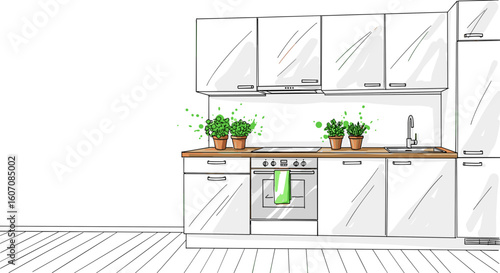 Modern kitchen sketch with vibrant plants and clean lines on bright background. Kitchen design features trendy cabinetry, wooden countertop, and numerous pots of green herbs placed stylishly.
