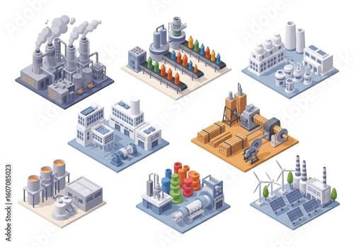 Wallpaper Mural Series of six isometric plant illustrations with blast furnaces, bottling lines, drug manufacturing, wood cutting, plastic forming and power generation  Torontodigital.ca