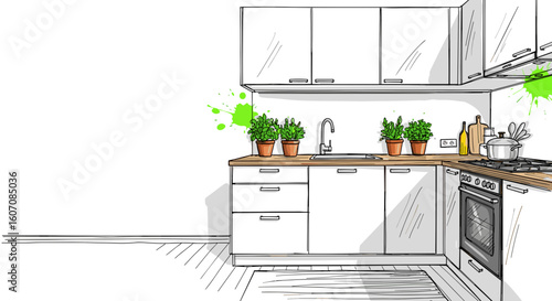 Expressive kitchen sketch illustration with bright plants on countertop, modern cabinetry, and stainless steel appliances.
