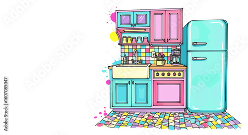 Colorful kitchen illustration with pastel cabinets and retro fridge, featuring tiled backsplash and detailed elements like sink and stove.