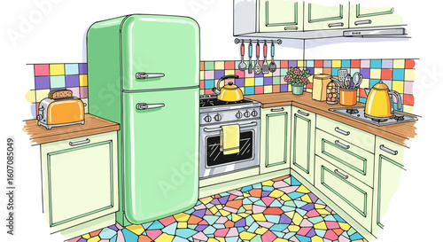 Expressive kitchen illustration featuring colorful tiles and modern appliances in cozy interior design. Vibrant kitchen design showcases mint green refrigerator, stove, and playful decor.