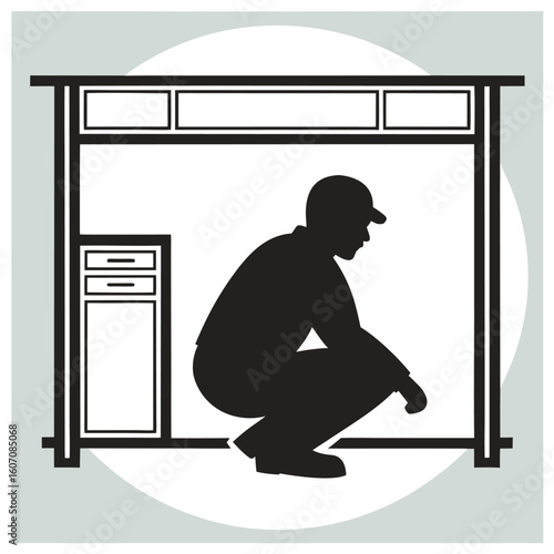 Solid Black Silhouette of IT Technician Checking Cables Under Desk Crouching Pose Flat Vector